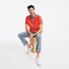 CLASSIC FIT CHAMBRAY-COLLAR POLO,Seaside Red,large