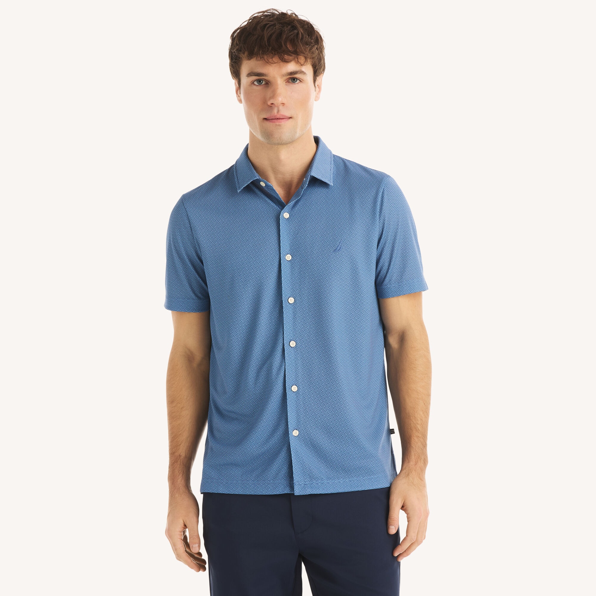 Printed Button-Front Performance Polo,Nite Sea Heather,large