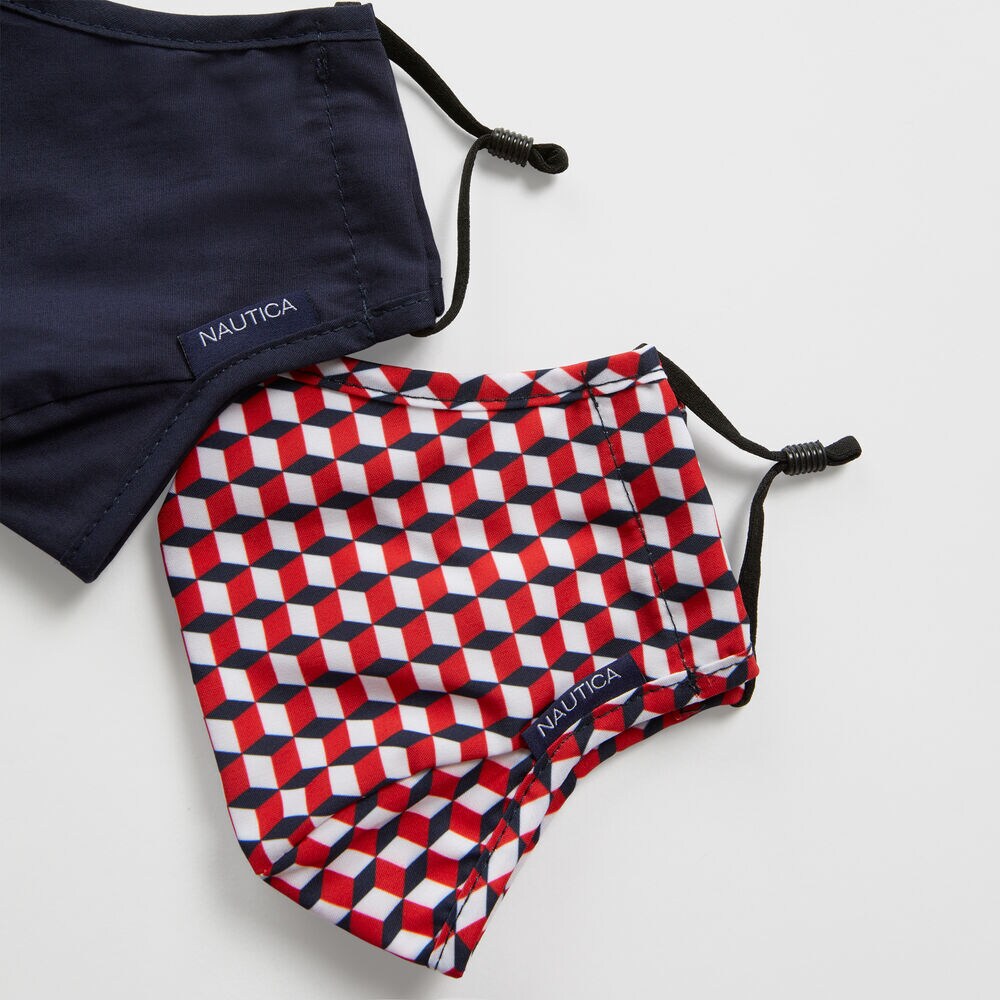 GEOMETRIC PRINT AND SOLID REUSABLE FACE MASK KIT WITH PM2.5 FILTERS, 2 PACK,Nautica Red,large
