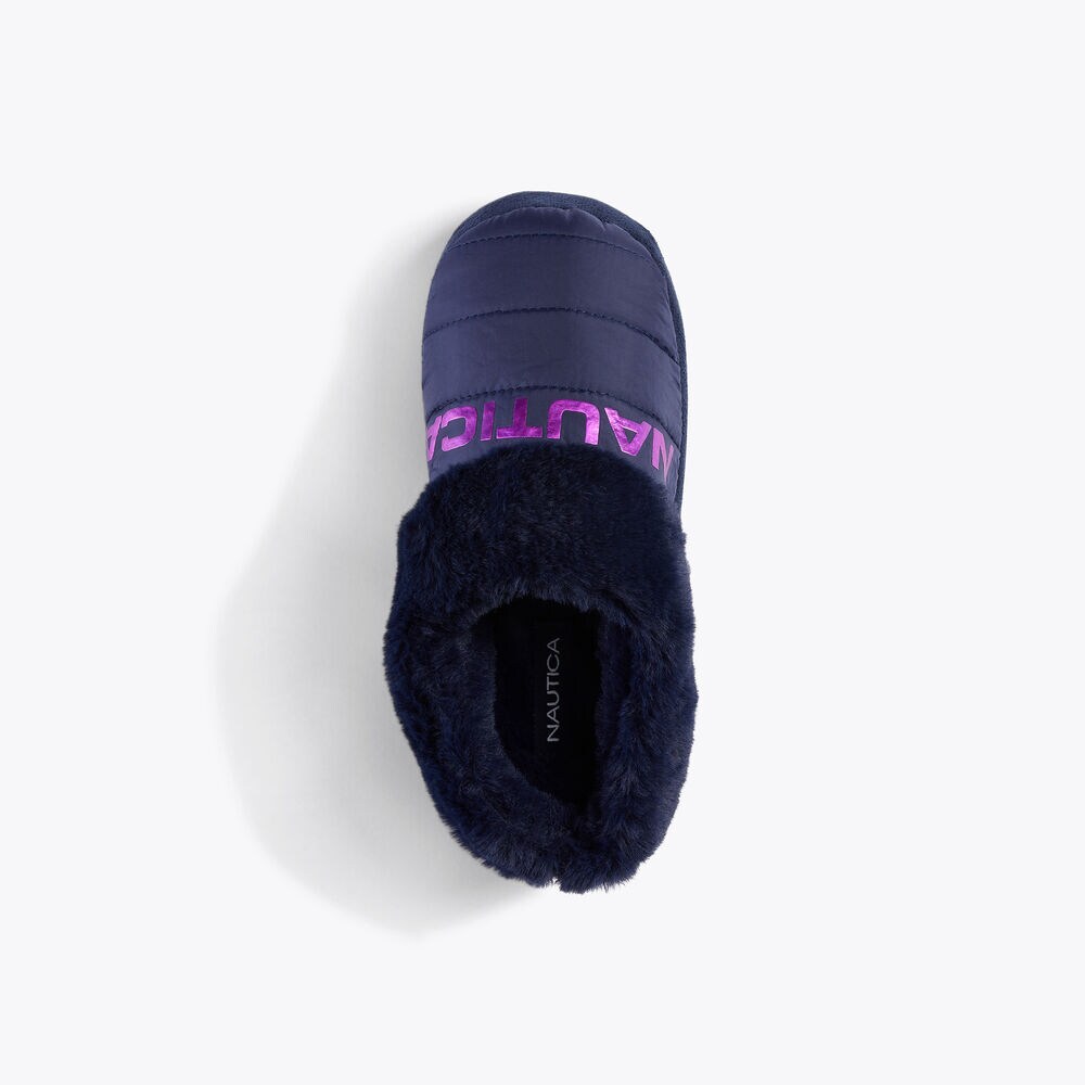 FAUX-FUR-TRIMMED LOGO SLIPPER,Navy,large