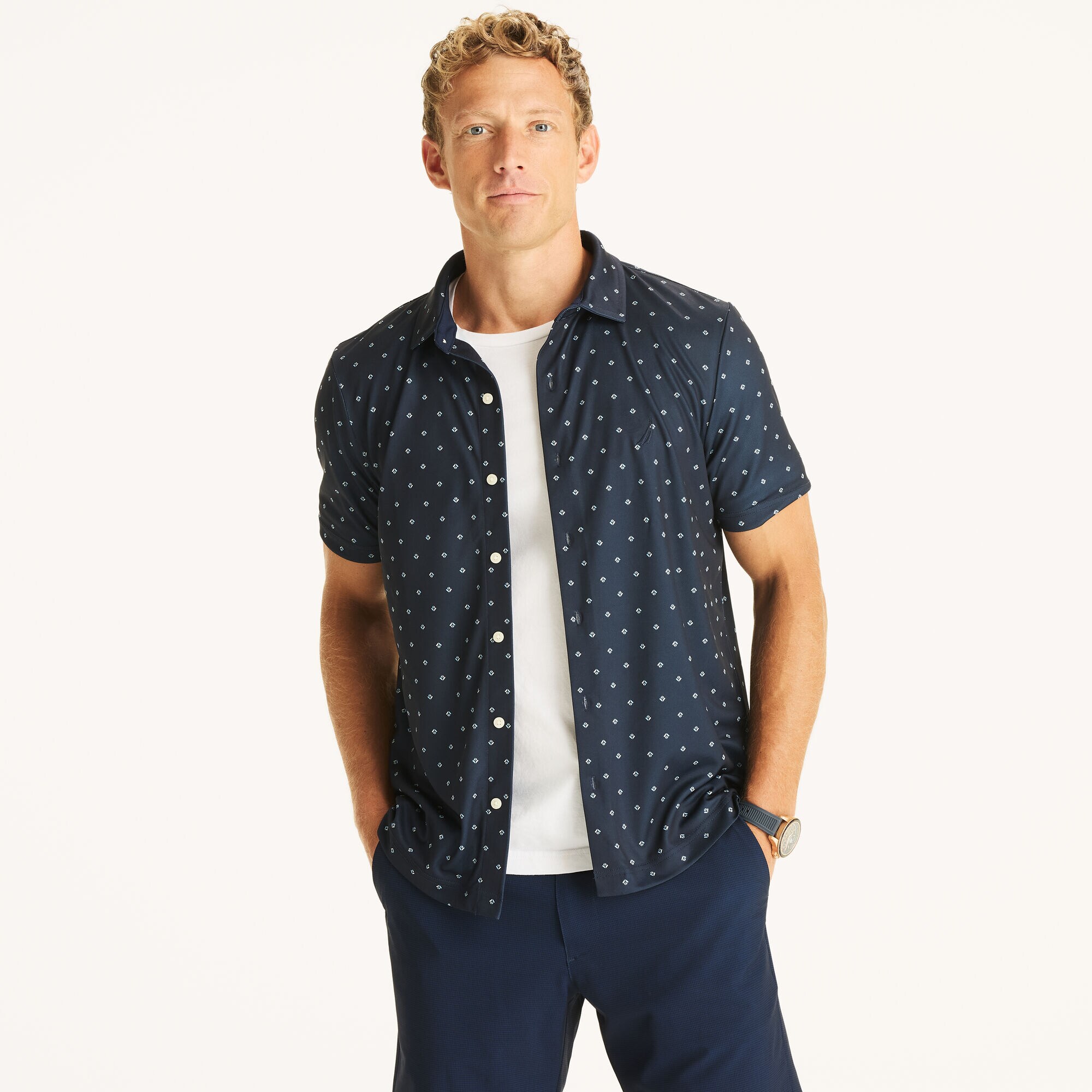 Printed Button-Down Polo,Stellar Blue Heather,large