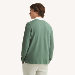 Classic Fit Pieced Waffle Long-Sleeve Polo,Olive,large