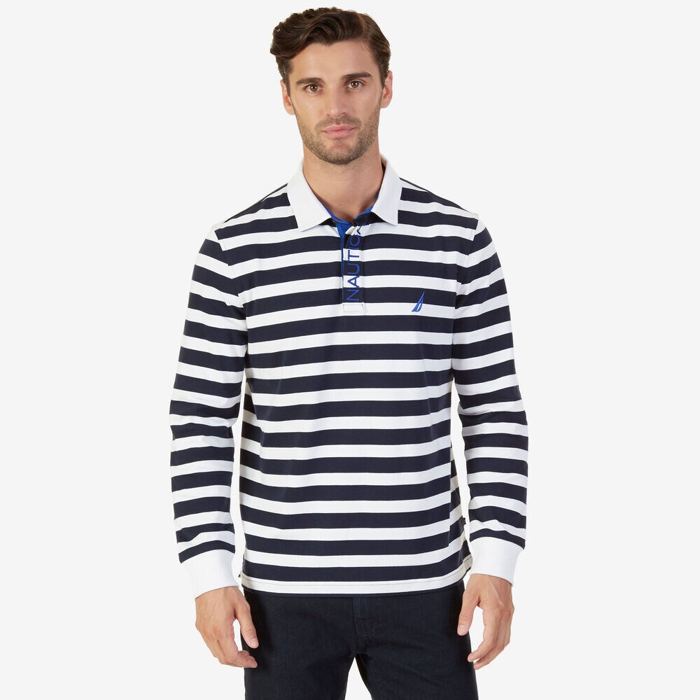 Classic Fit Striped Long Sleeve Polo Shirt,Bright White,large