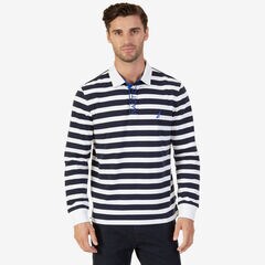 Classic Fit Striped Long Sleeve Polo Shirt,Bright White,large