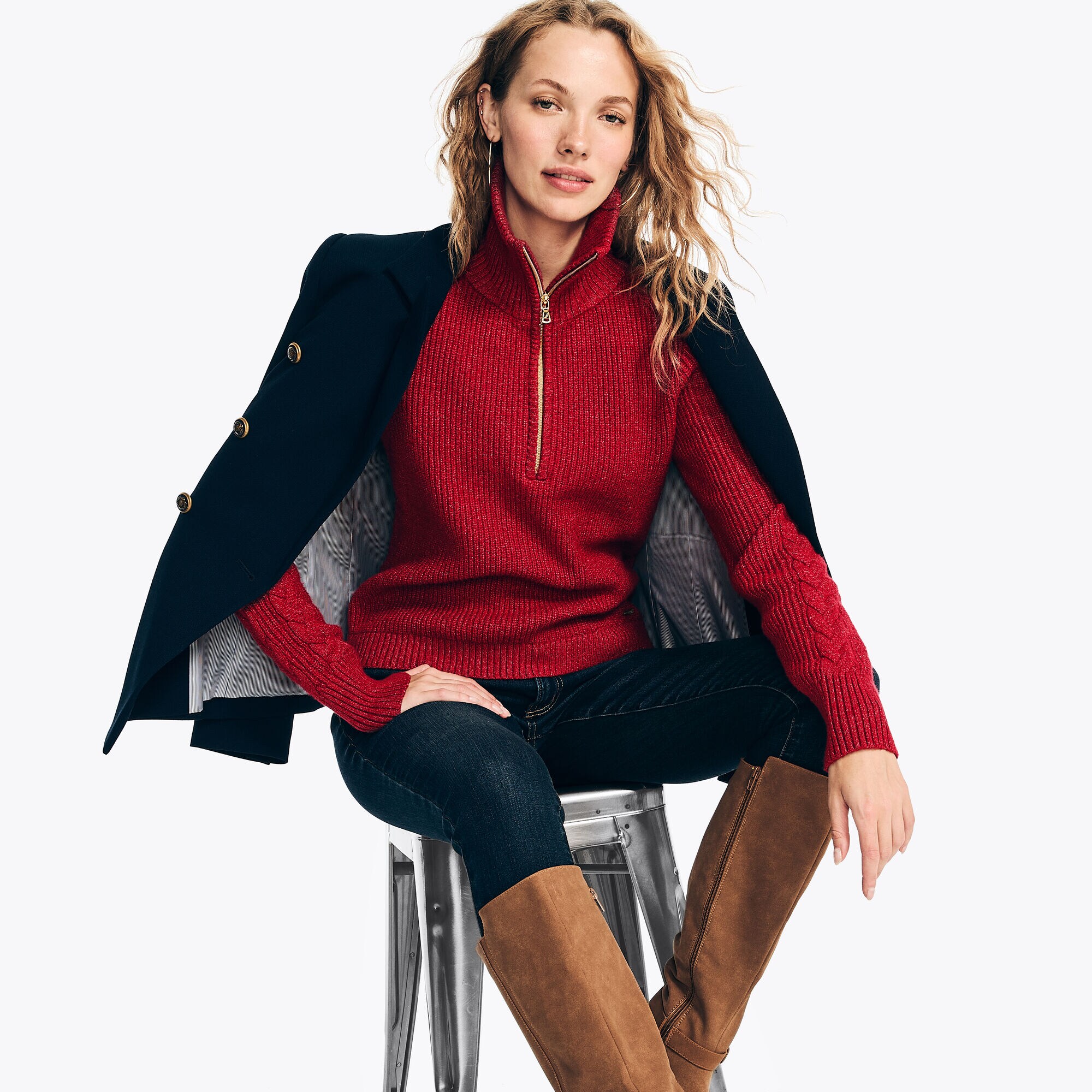 Sustainably Crafted Half-Zip Cable-Knit Sweater,Nautica Red,large