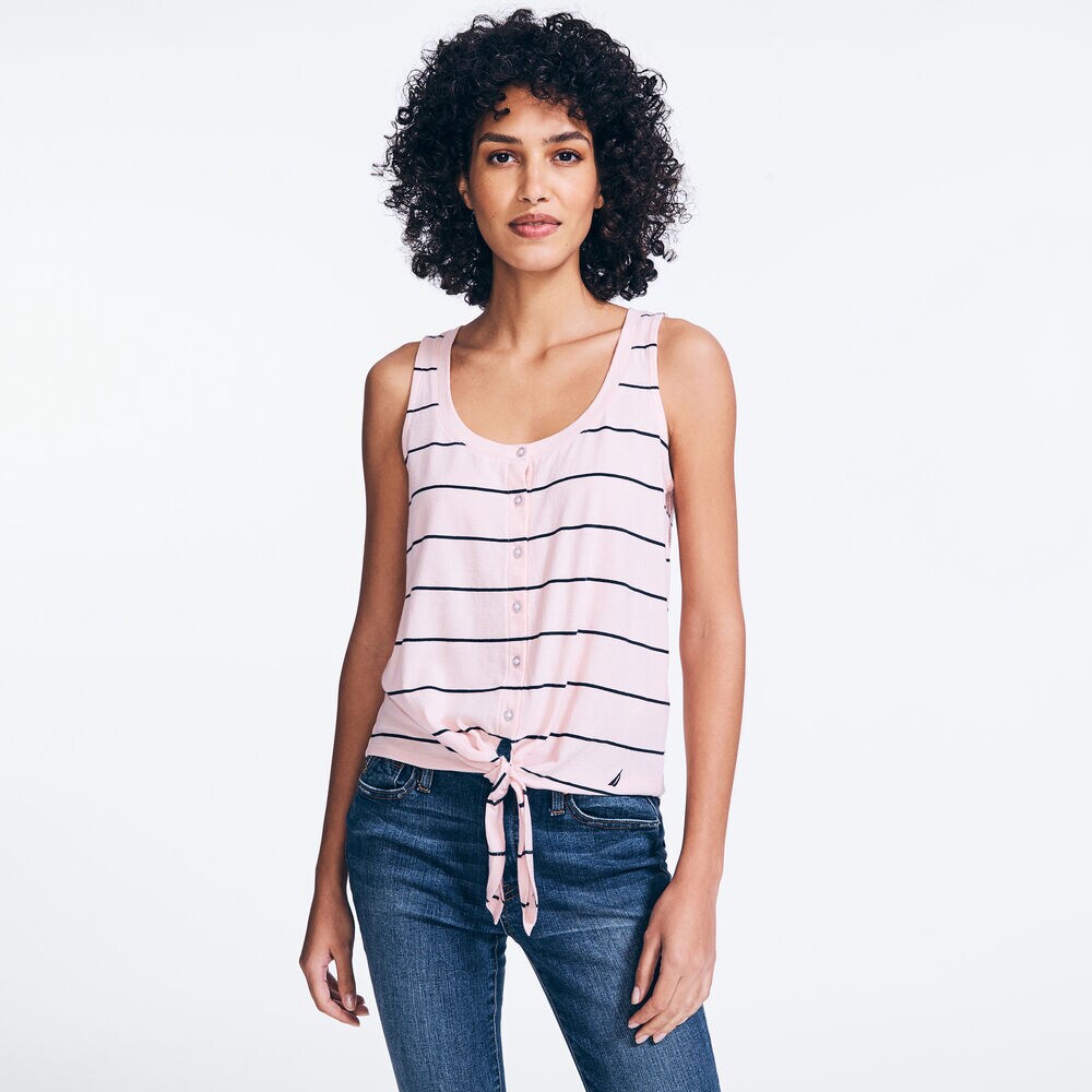 STRIPED TIE-FRONT BUTTON SLEEVELESS TOP,Fancytail Fuschia,large