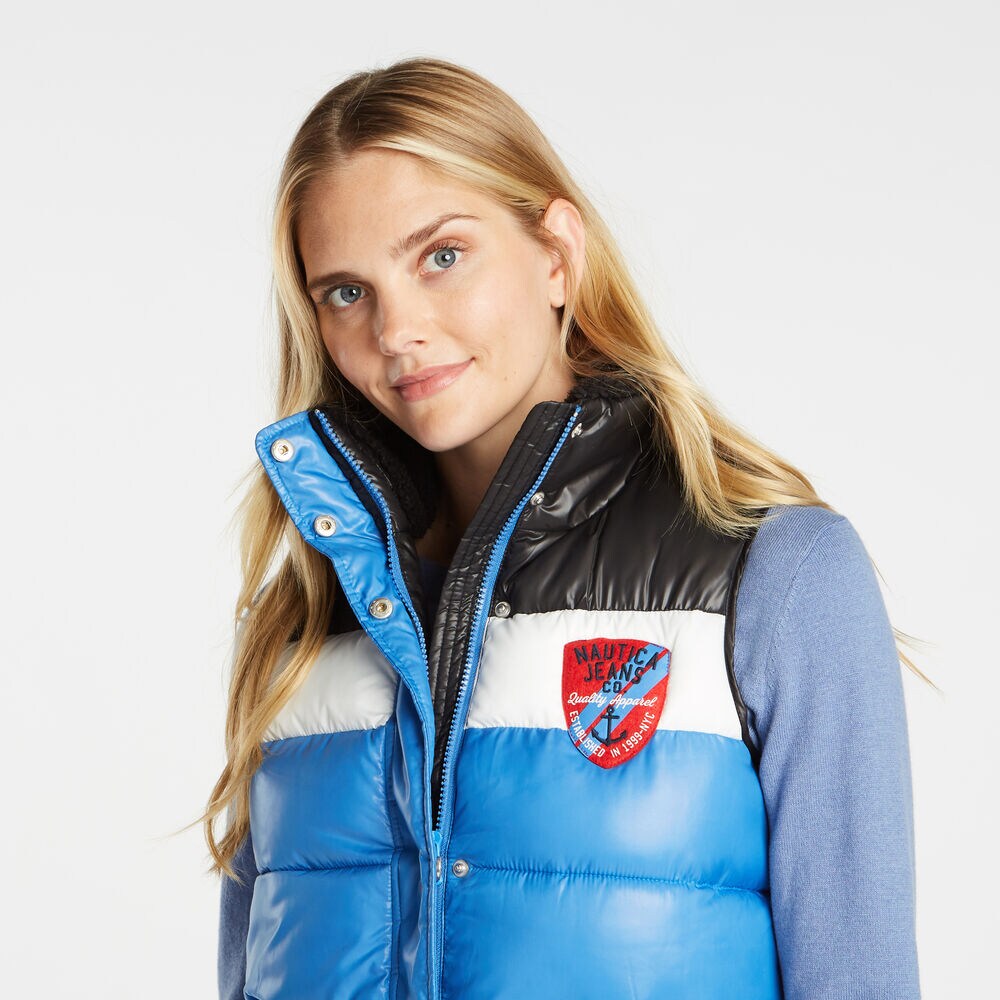 COLORBLOCK PUFFER VEST,Distressed Blue Wash,large