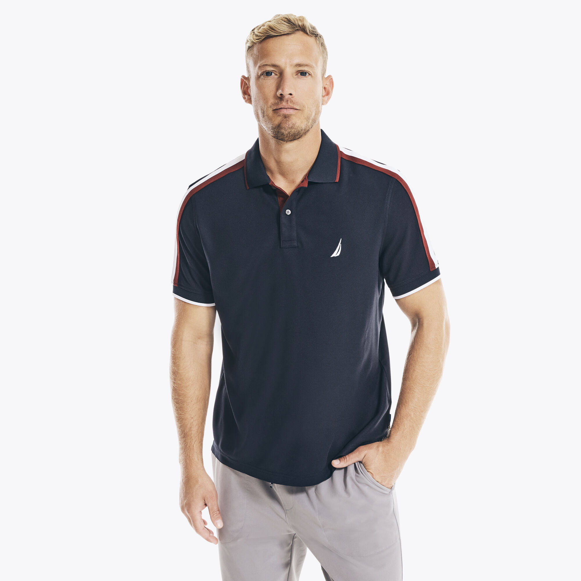 NAVTECH SUSTAINABLY CRAFTED CLASSIC FIT SHOULDER-STRIPE POLO,Navy,large