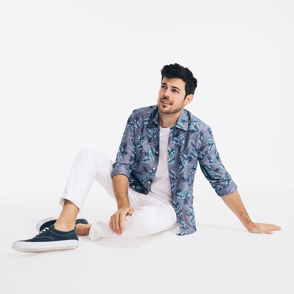 TROPICAL FOLIAGE PRINT LINEN SHIRT,J Navy,large