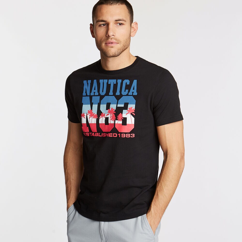 N83 Crewneck T-Shirt in Palm Trees Graphic,True Black,large