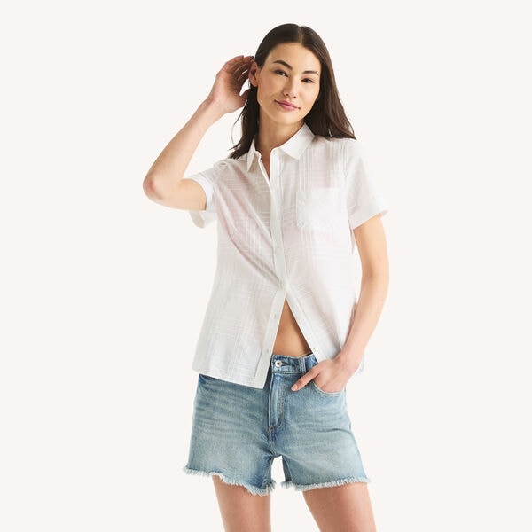 Dobby Plaid Button-Up Short-Sleeve Camp Shirt