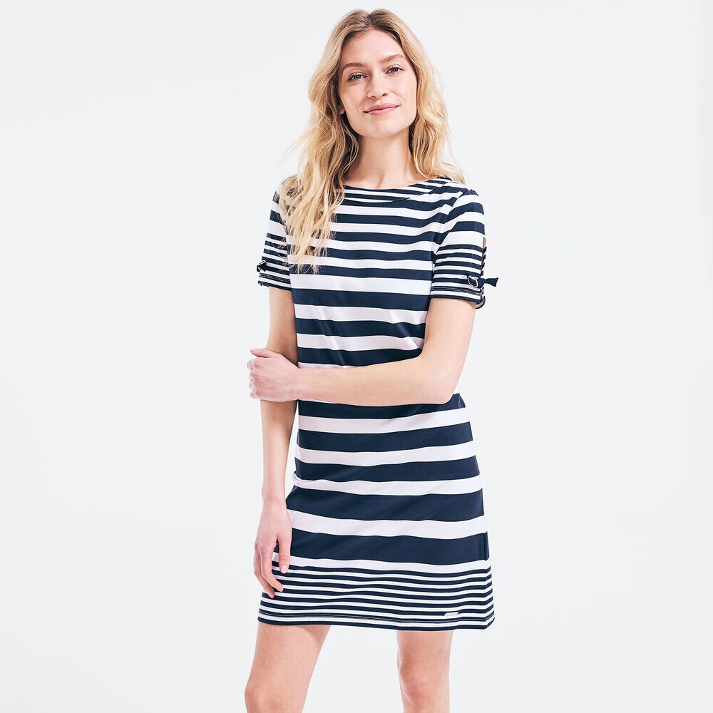 SUSTAINABLY CRAFTED STRIPED TIE-SLEEVE DRESS,Stellar Blue Heather,large