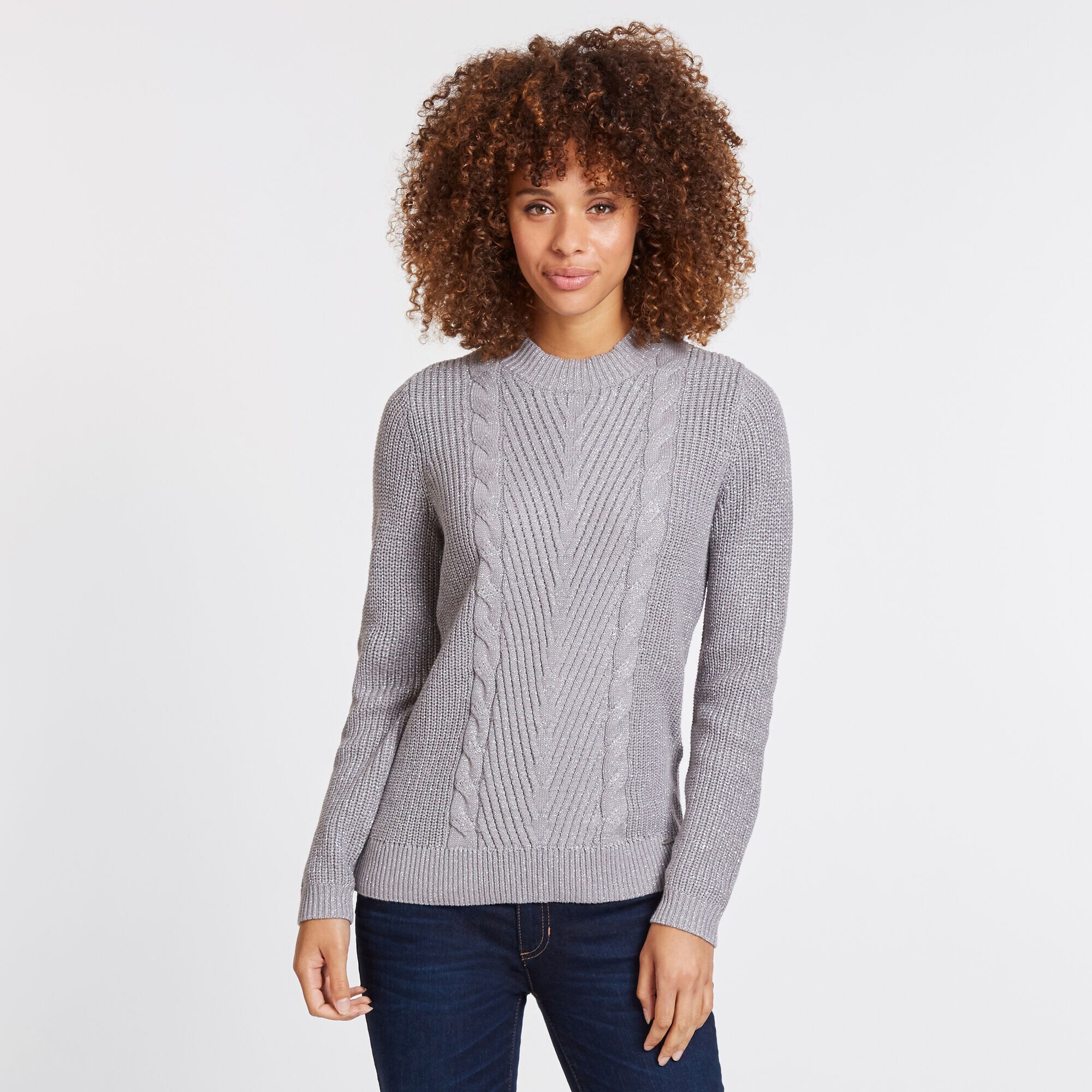 Long Sleeve Cable Knit Crewneck Sweater,Light Brown,large