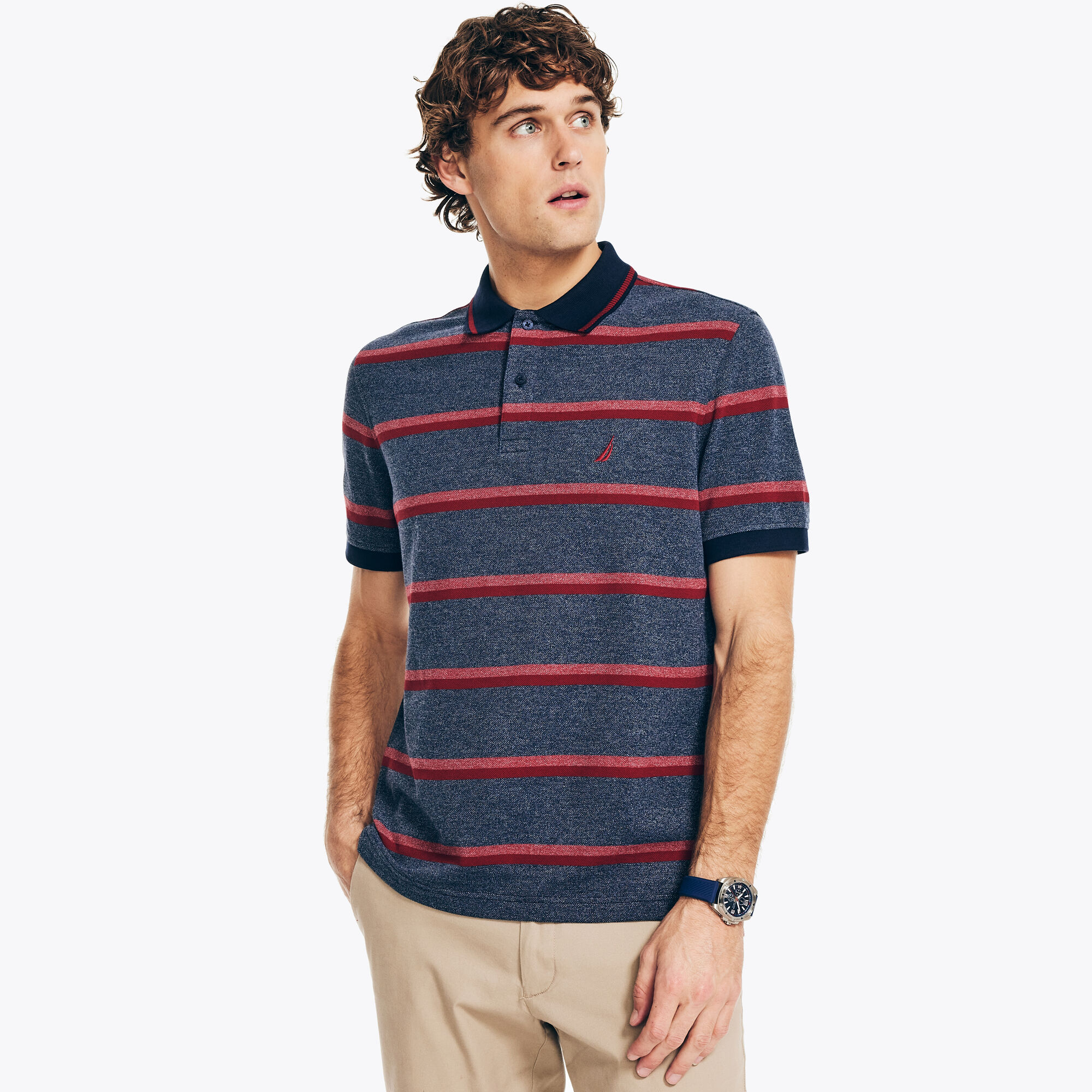 CLASSIC FIT STRIPED POLO,Navy,large
