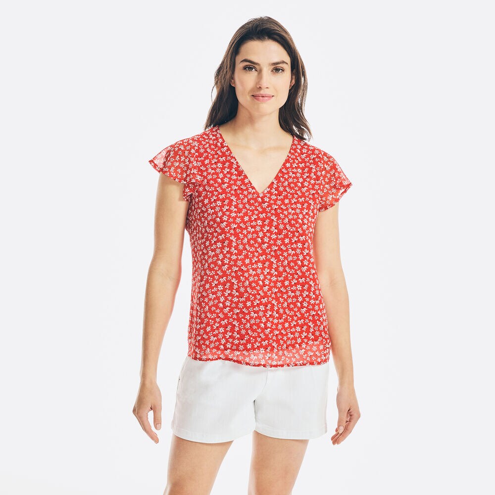 FLORAL PRINT V-NECK TOP,Tomales Red,large