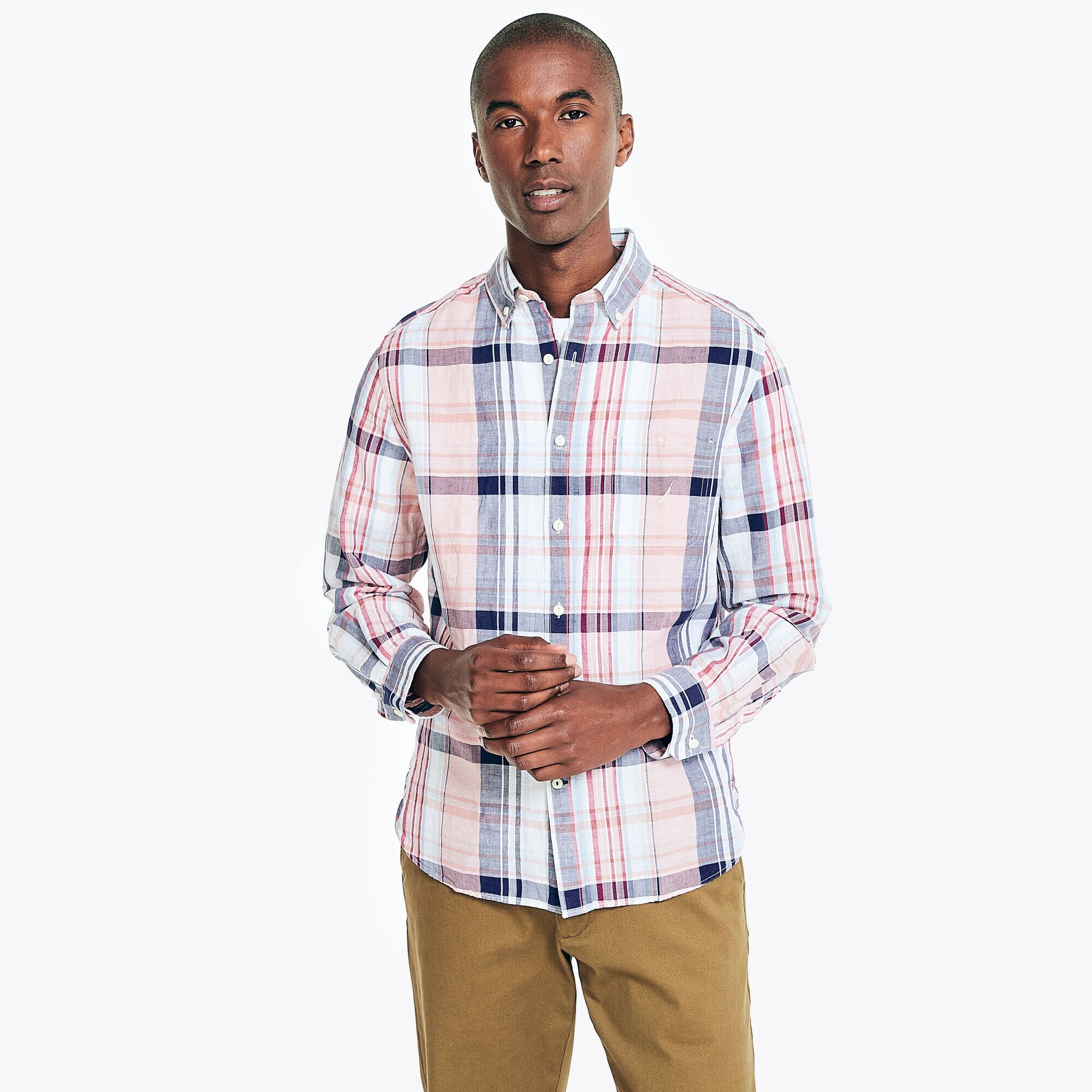 CLASSIC FIT PLAID LINEN SHIRT,Pomegranate,large