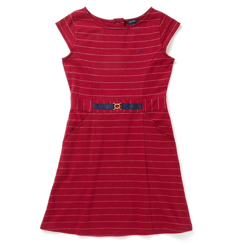 Little Girls' Striped Jersey Buckle Dress (4-7),Tango Red,large