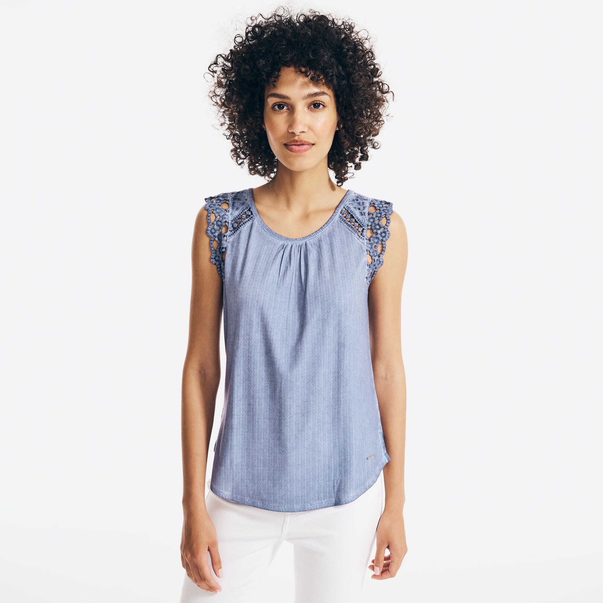 EMBROIDERED CROCHET-SLEEVE TOP,Angel Blue,large
