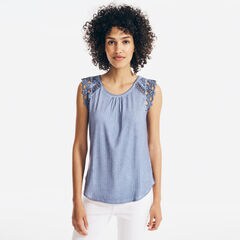 EMBROIDERED CROCHET-SLEEVE TOP,Angel Blue,large