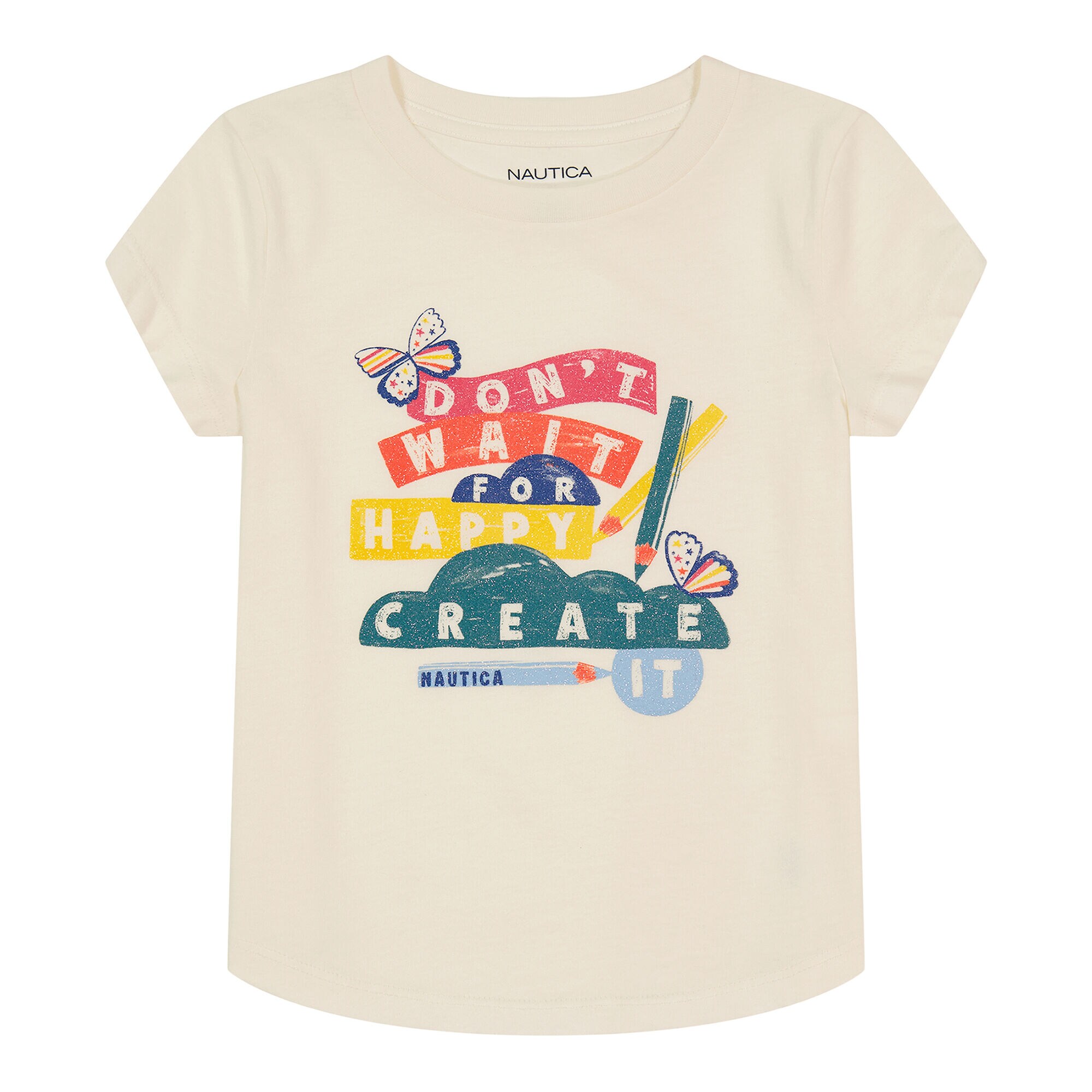 Little Girls' Don't Wait For Happy Glitter Graphic T-Shirt (4-6X),Egret,large