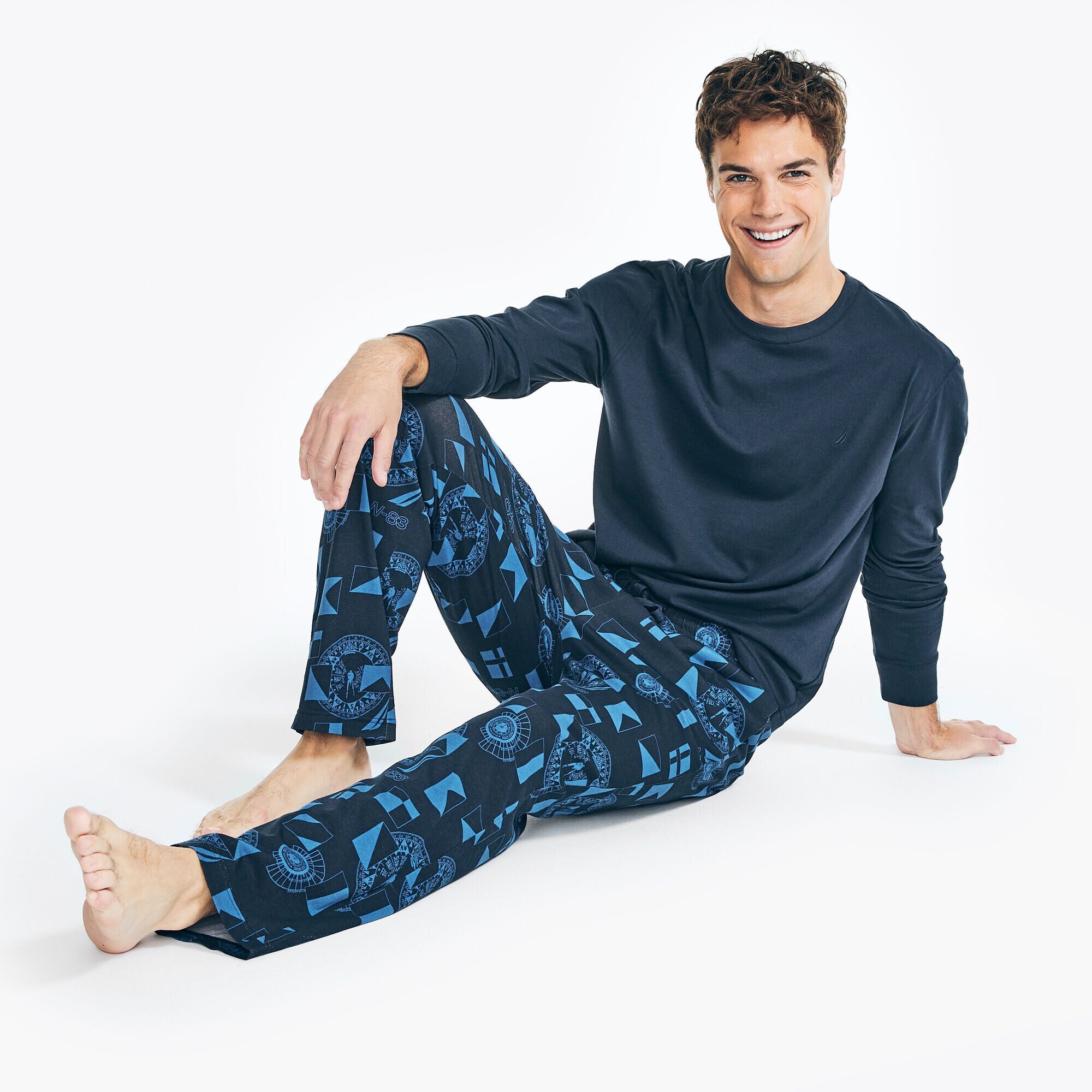 PRINT PAJAMA PANT SET,Navy,large