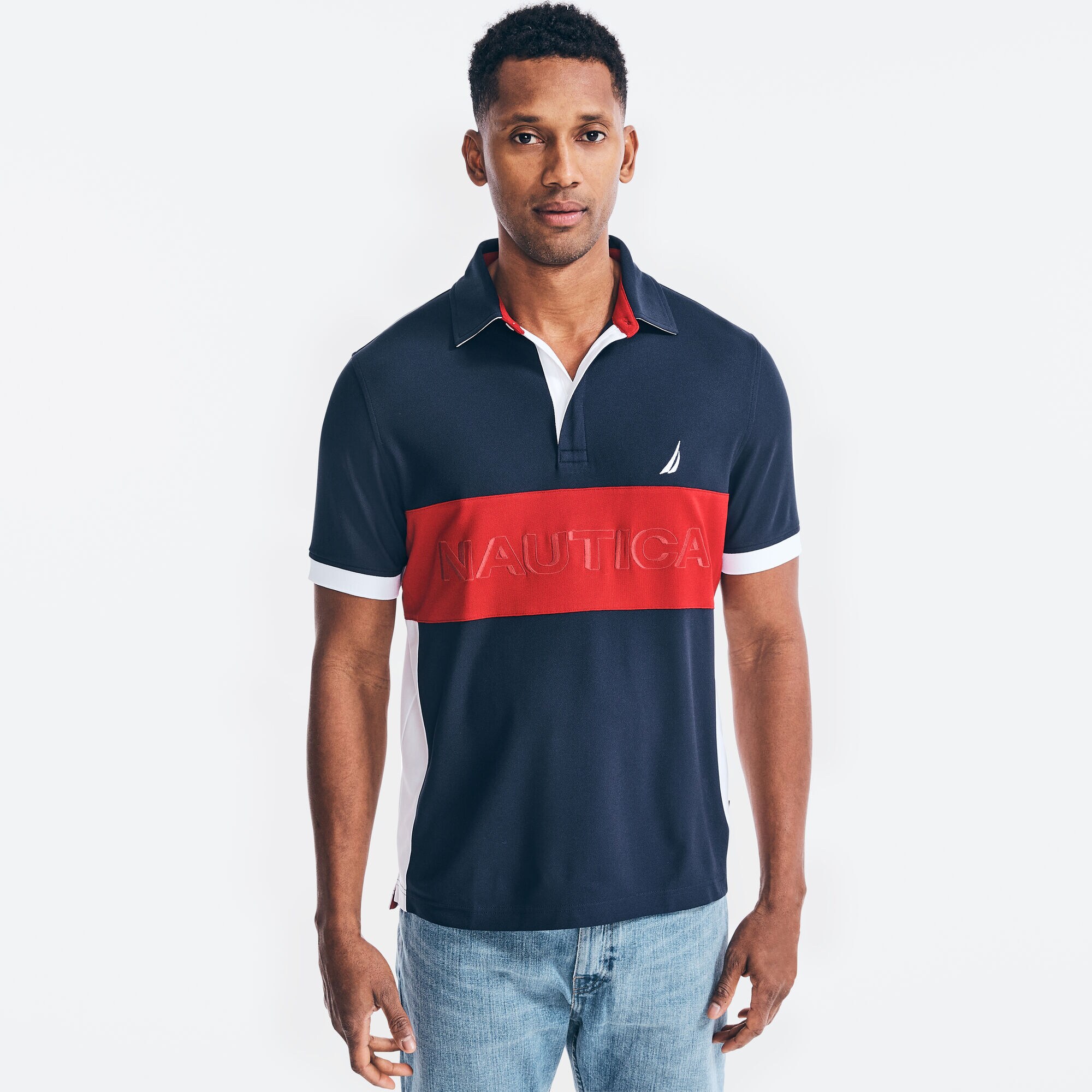 NAVTECH CLASSIC FIT COLORBLOCK LOGO POLO,Navy,large