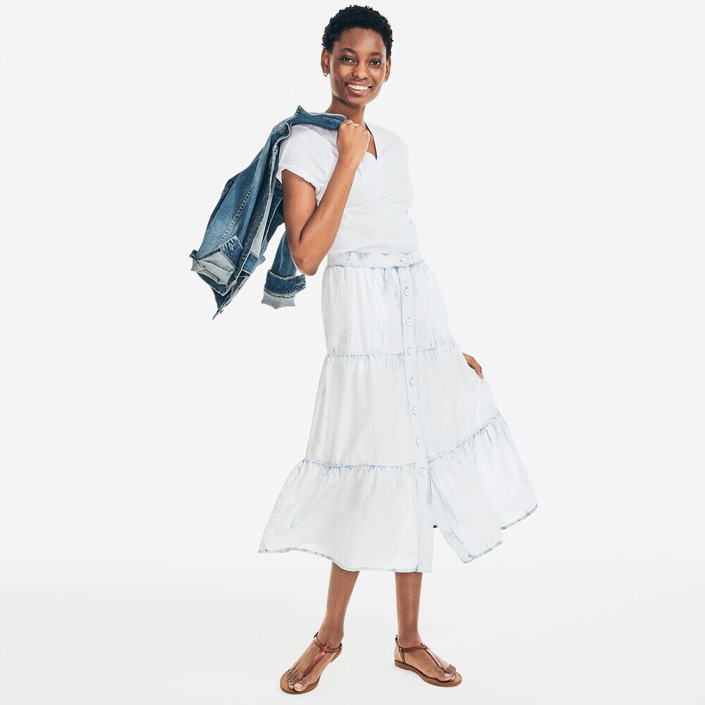 SUSTAINABLY CRAFTED TIERED MIDI SKIRT,Classic Blue,large