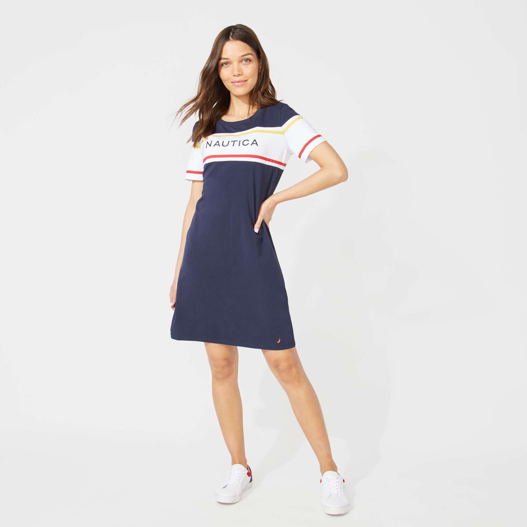 NAUTICA LOGO STRIPE KNIT DRESS,Stellar Blue Heather,large