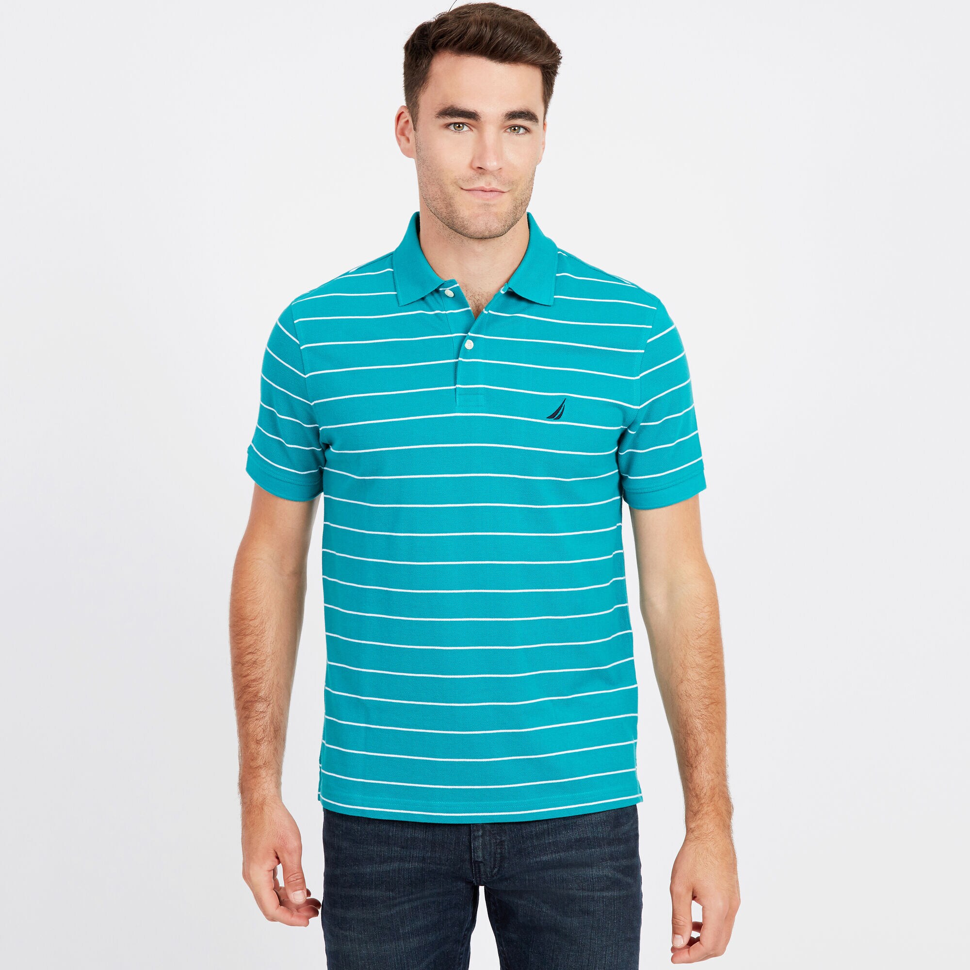 Classic Fit Mesh Polo in Breton Stripe,Biscay Teal,large