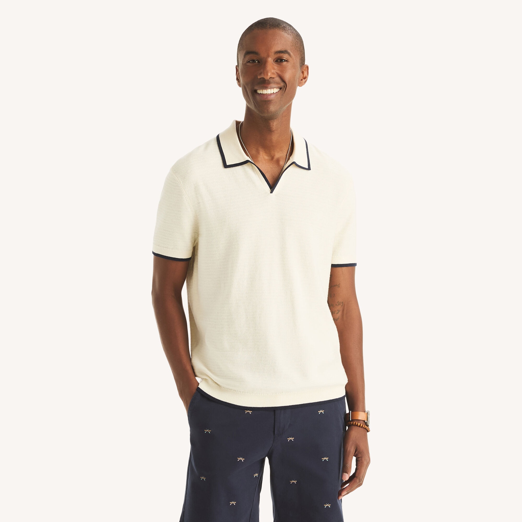 Tipped Textured Sweater Polo,Almond,large