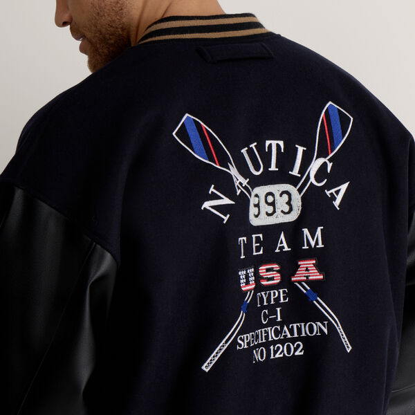 Bomber Jacket With Faux Leather Sleeves