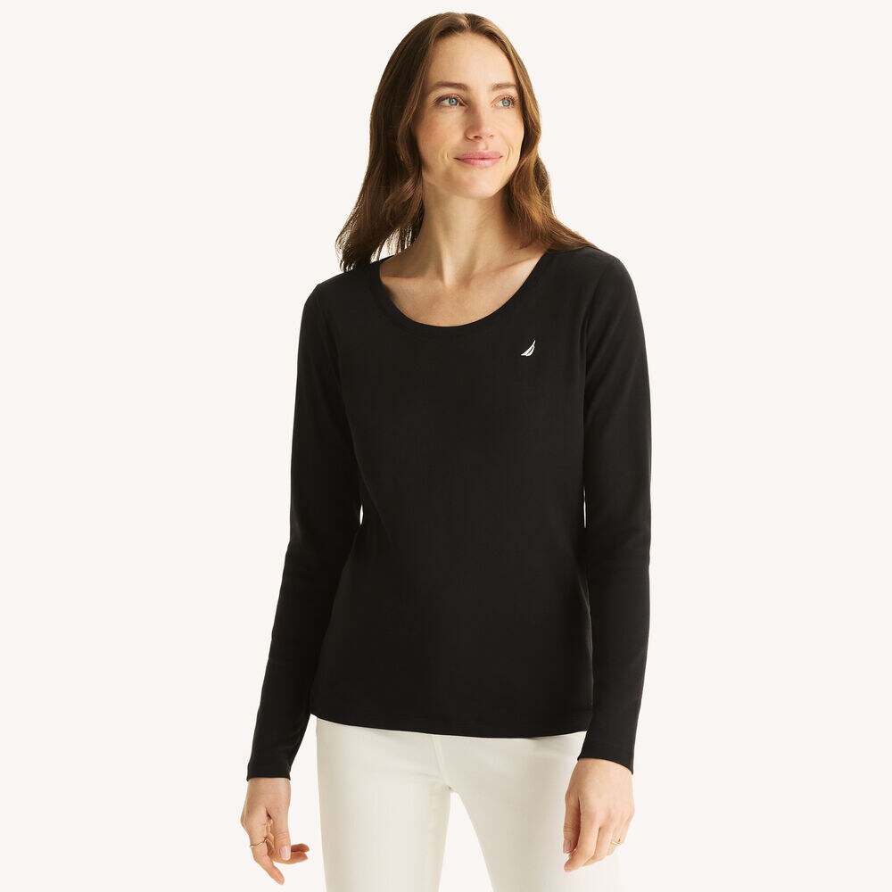 Scoop-Neck Long-Sleeve T-Shirt,True Black,large