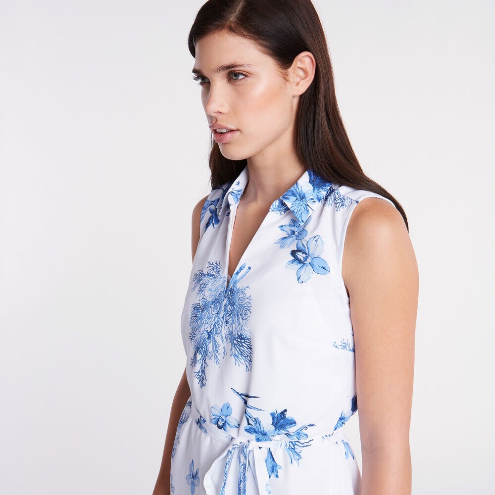 BOTANICAL PRINT SLEEVELESS SHIRT DRESS,Bright White,large