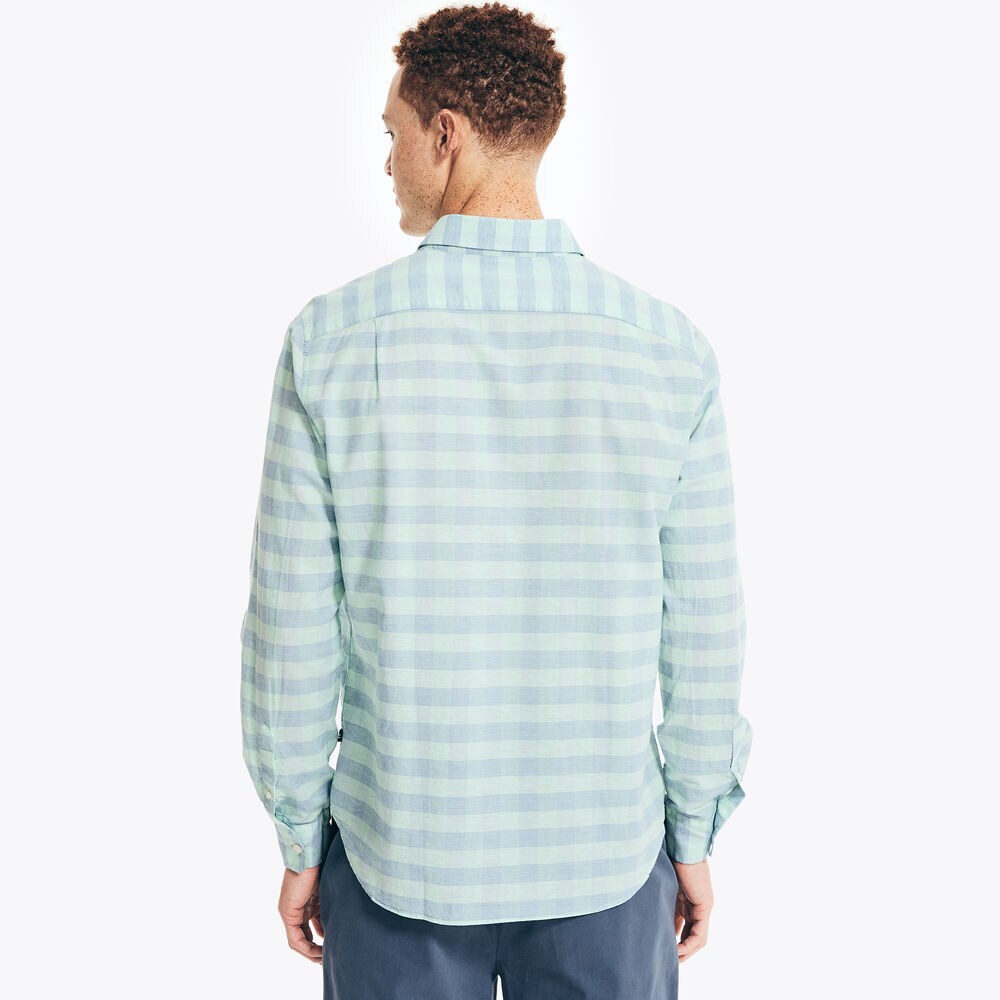 Gingham Plaid Linen Shirt,Pure Deep Sea Wash,large