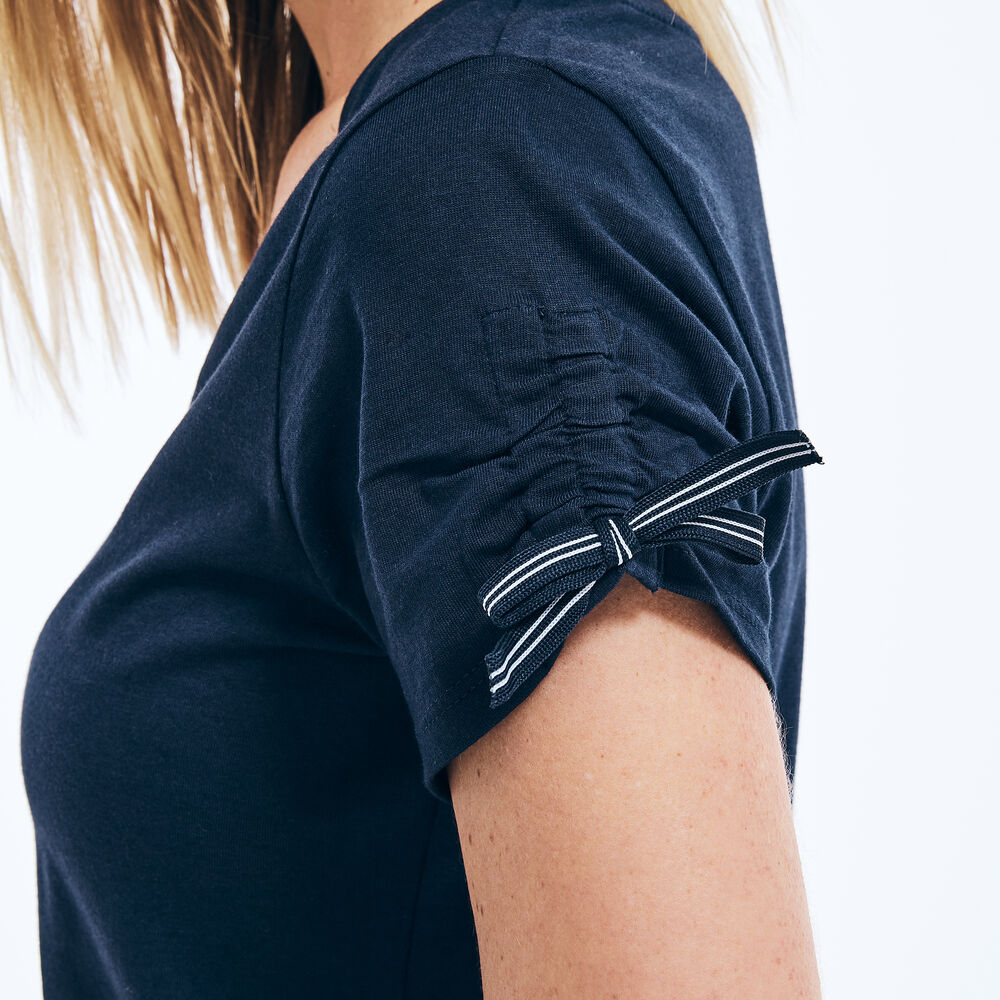 SUSTAINABLY CRAFTED RUCHED TIE-SLEEVE V-NECK TOP,Stellar Blue Heather,large