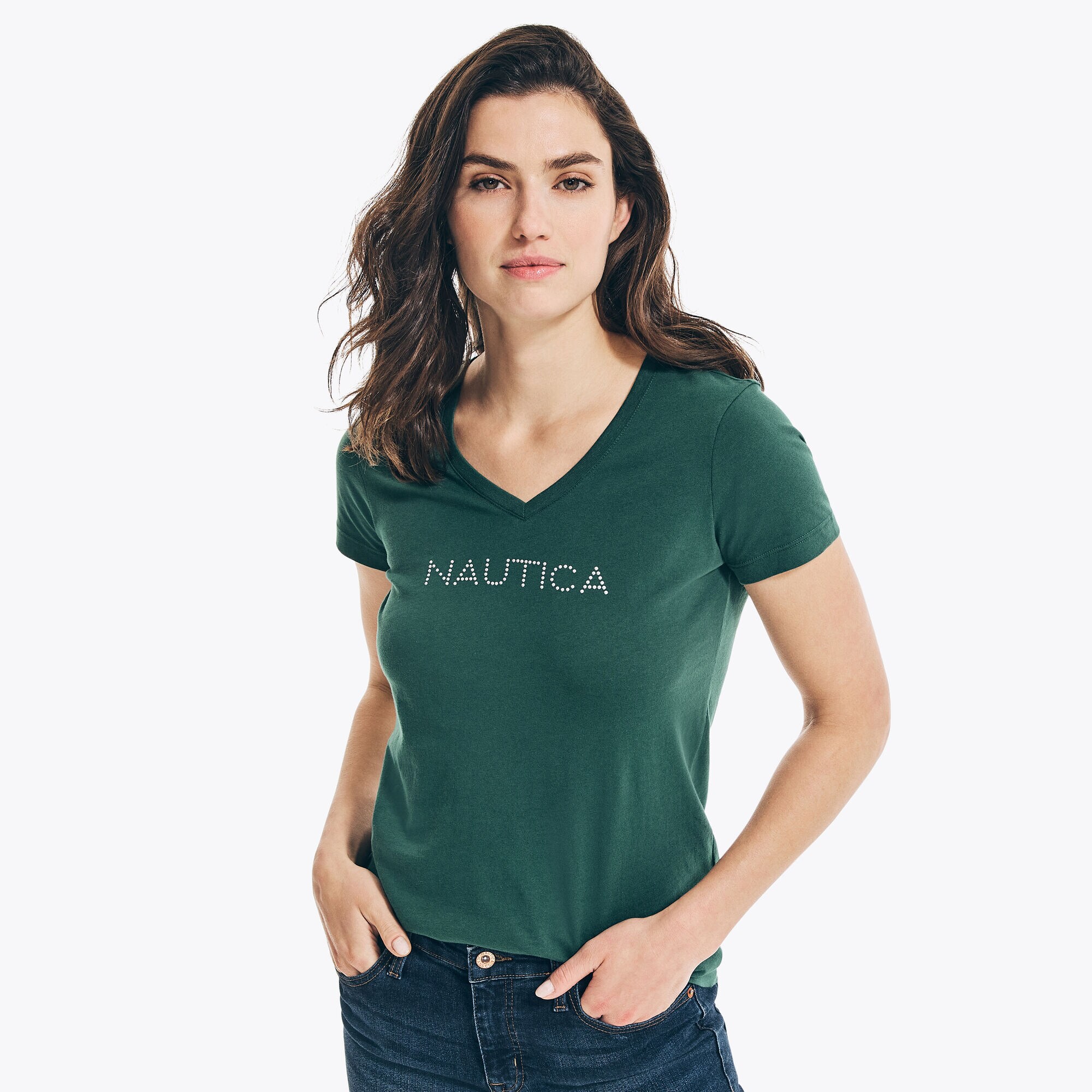 STUDDED LOGO V-NECK T-SHIRT,Pacific Pine,large