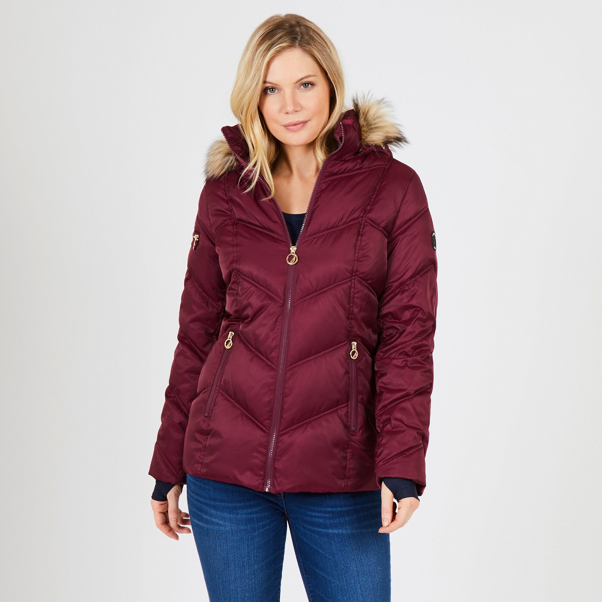 Hooded Chevron Puffer Jacket,Desert Rose,large