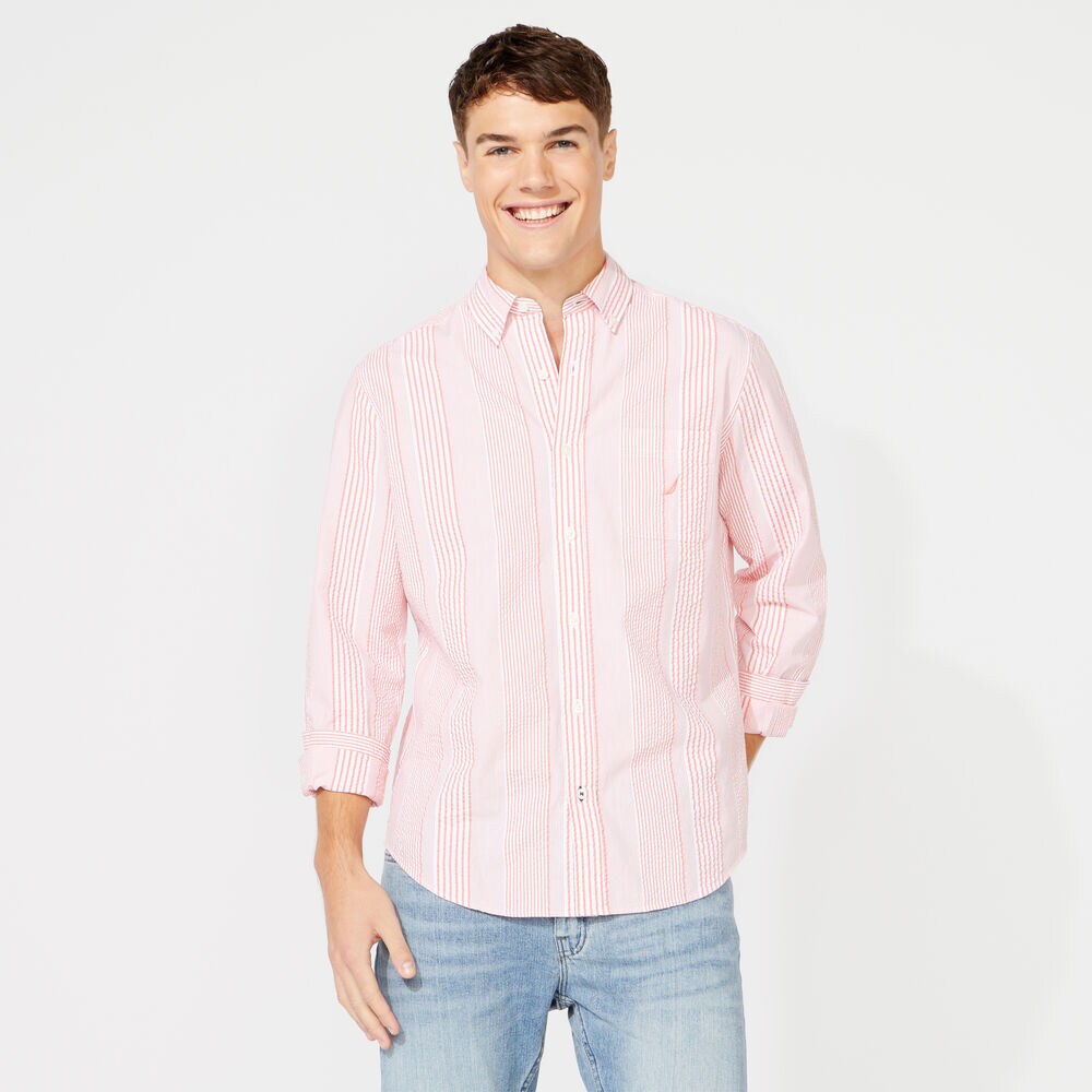 CLASSIC FIT SEERSUCKER STRIPE SHIRT,Coral Dream,large