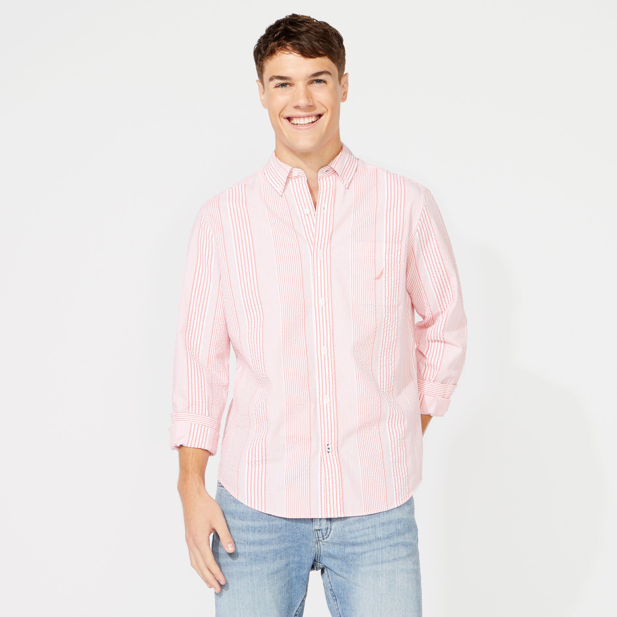 CLASSIC FIT SEERSUCKER STRIPE SHIRT,Coral Dream,large