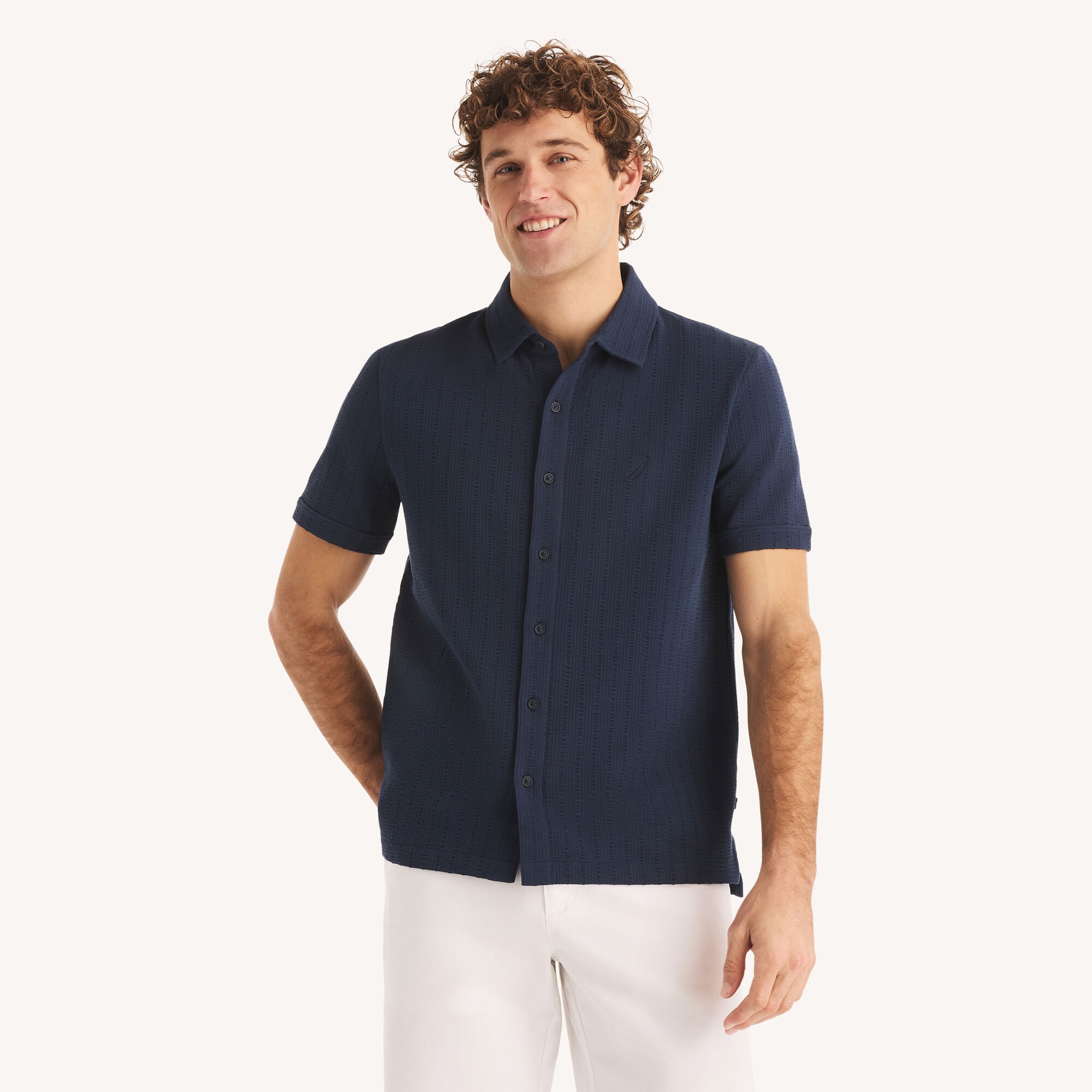 Classic Fit Seersucker Button-Front Polo,Stellar Blue Heather,large