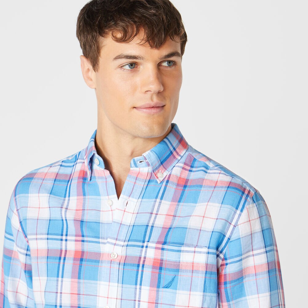 PLAID LINEN SHIRT,Bright White,large