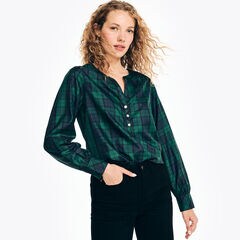 Split-Neck Plaid Top,True Black,large
