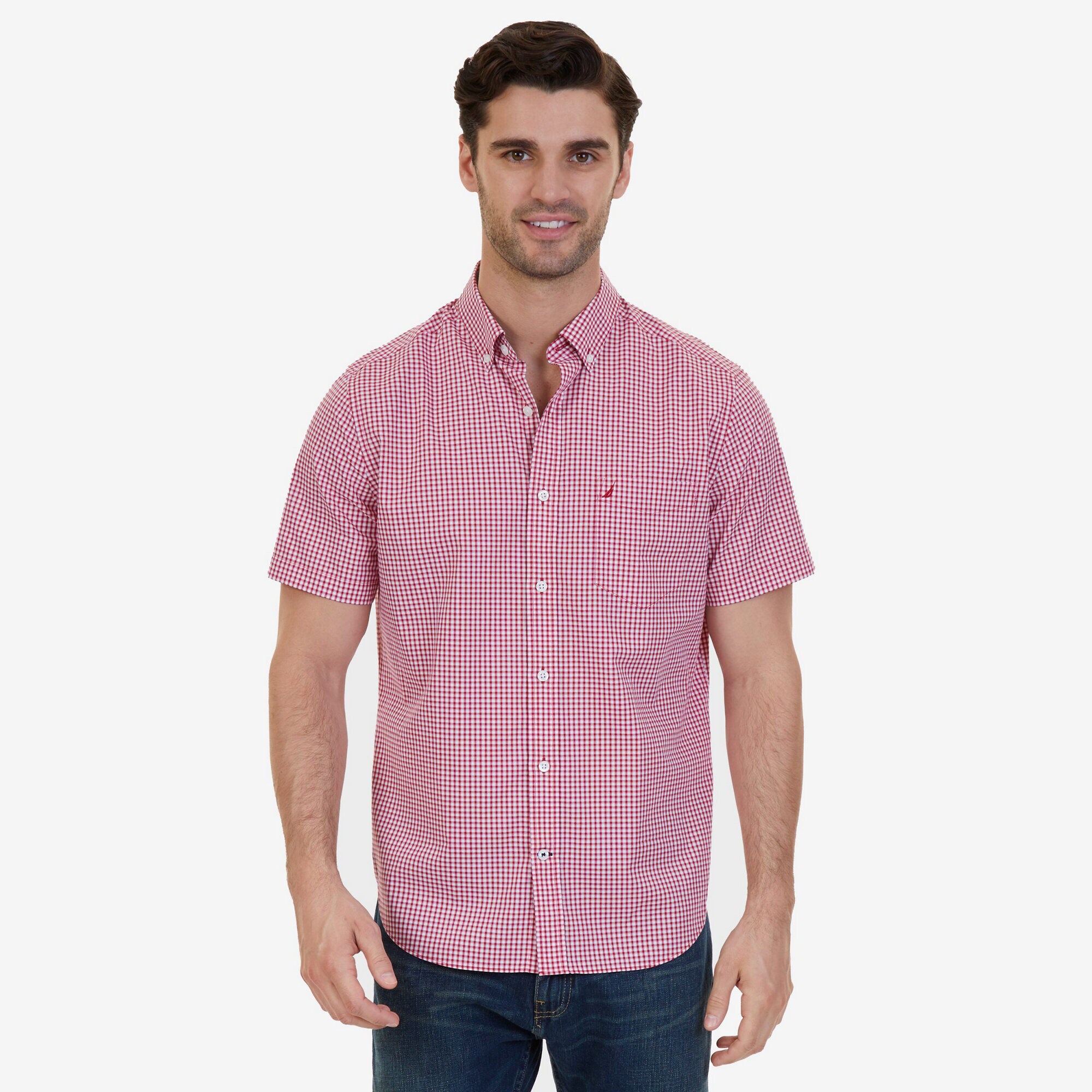 Nautica Classic Fit Wrinkle Resistant Plaid Short Sleeve Shirt,Nautica Red,large