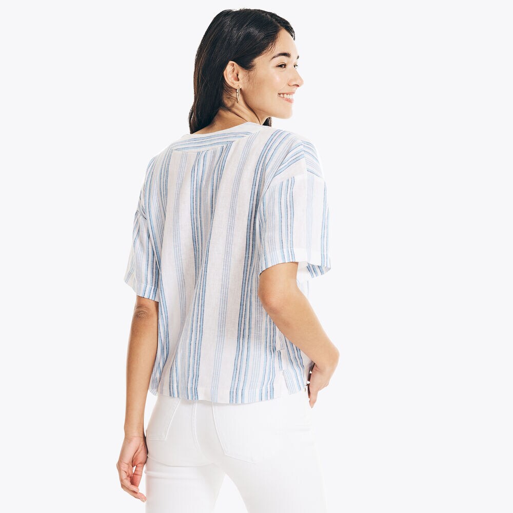 STRIPED V-NECK TOP,Bright White,large