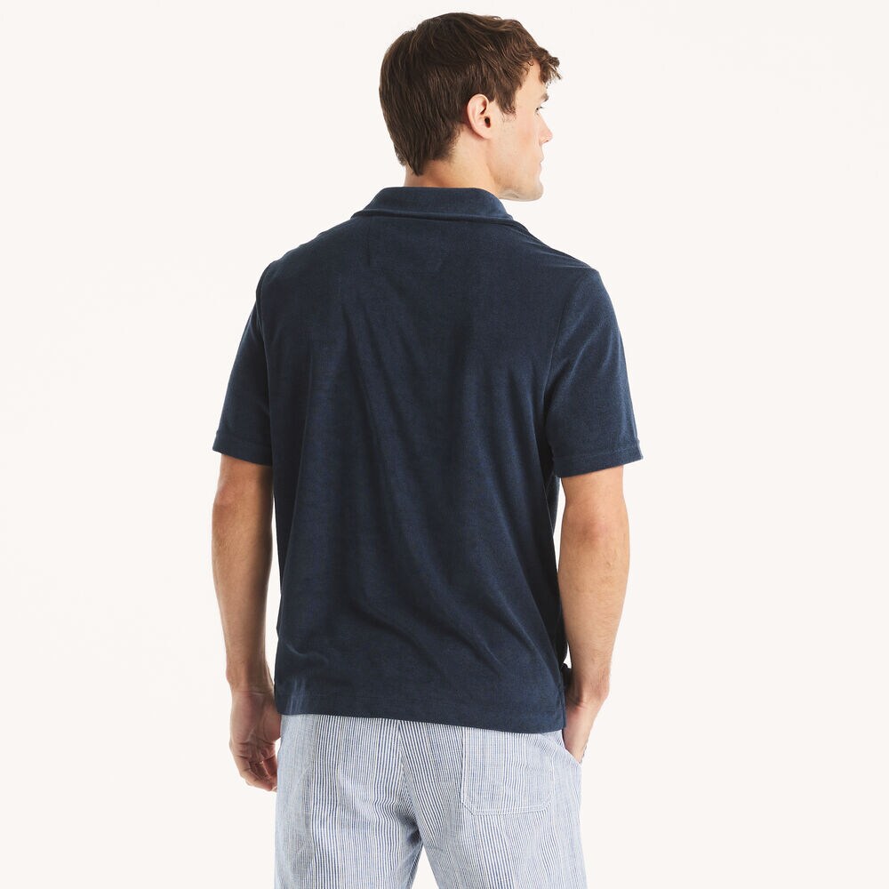 Classic Fit Button-Front Terry Polo,Stellar Blue Heather,large