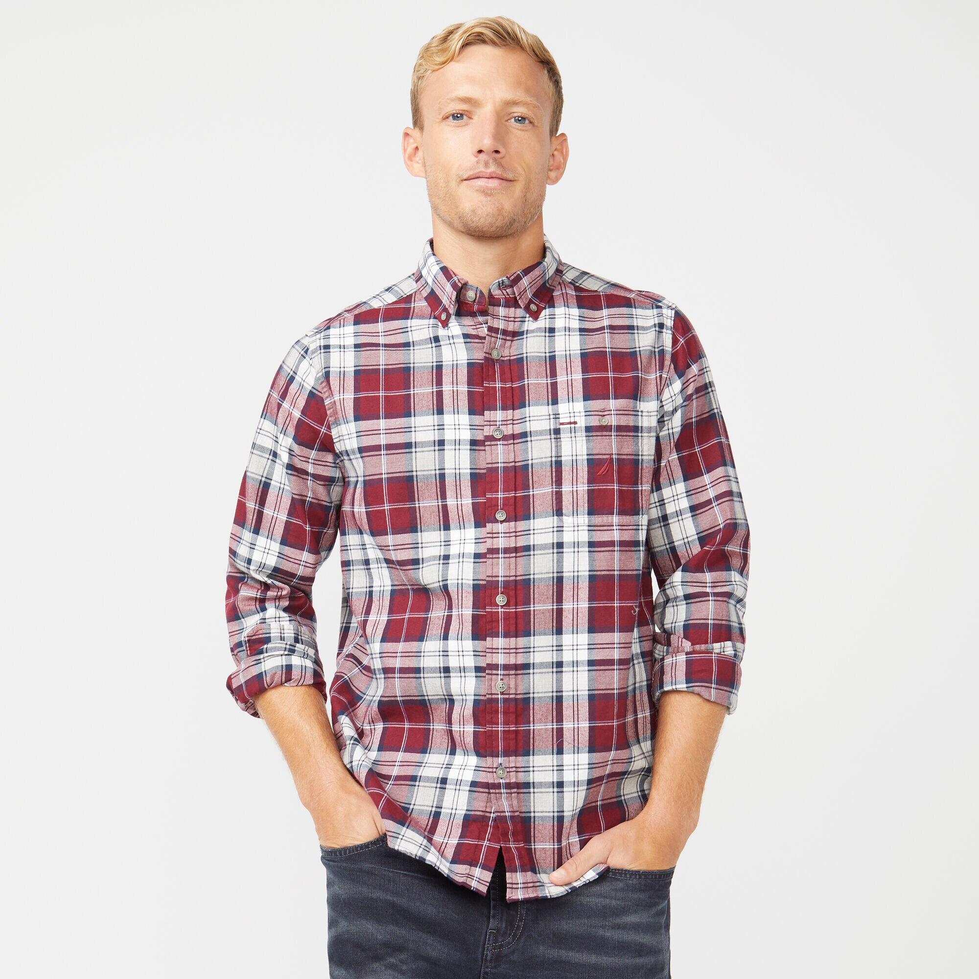 CLASSIC FIT LONG SLEEVE TWILL PLAID SHIRT,Zinfandel,large