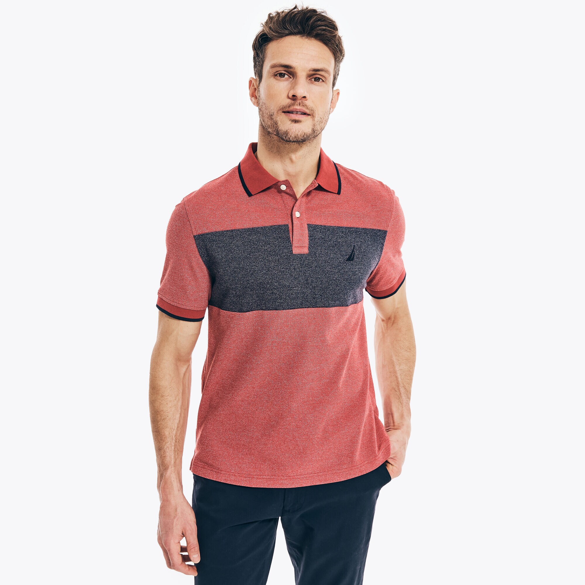 CHEST-STRIPE COLORBLOCK POLO,Melonberry,large