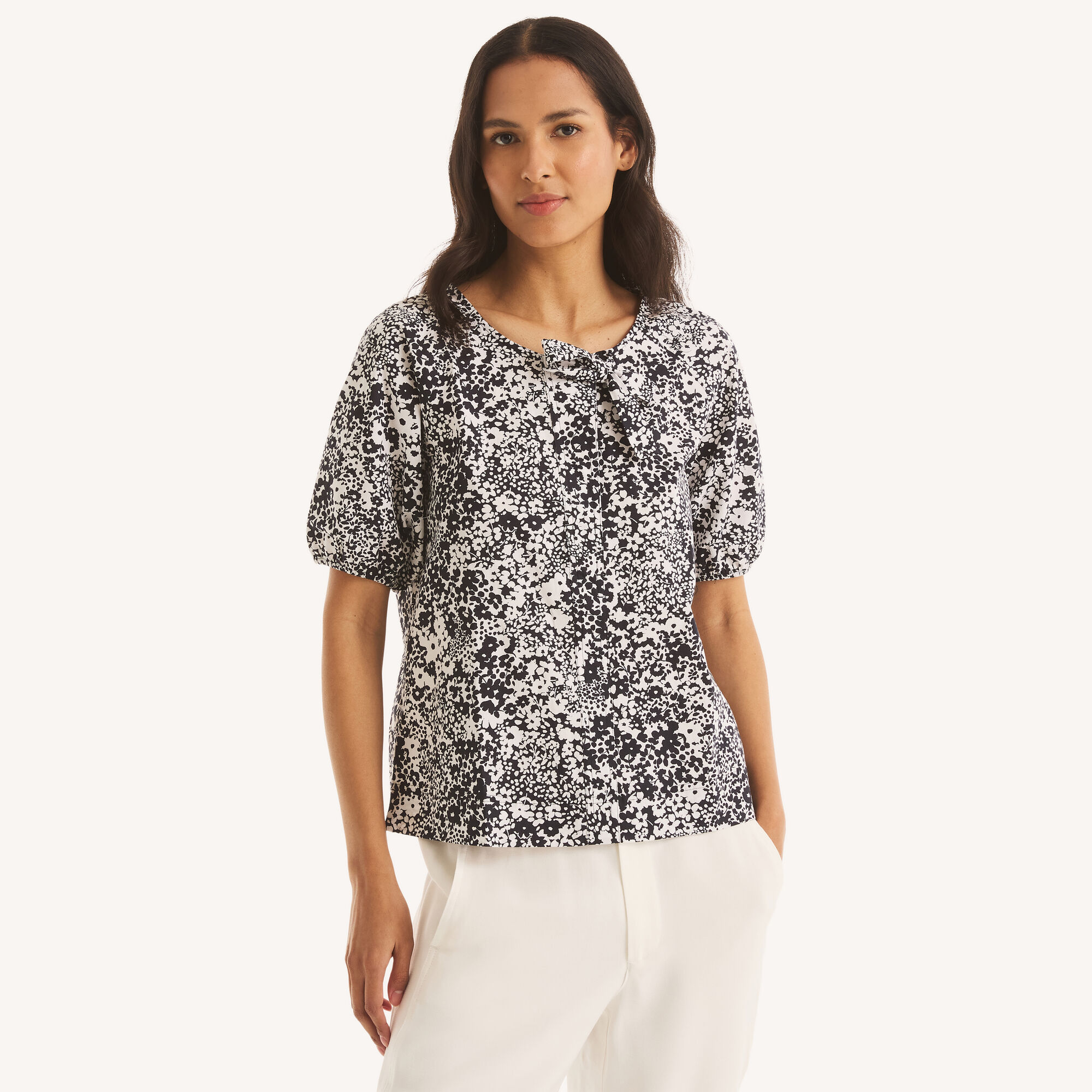 Printed Side-Bow Blouse,Starlight Blue,large