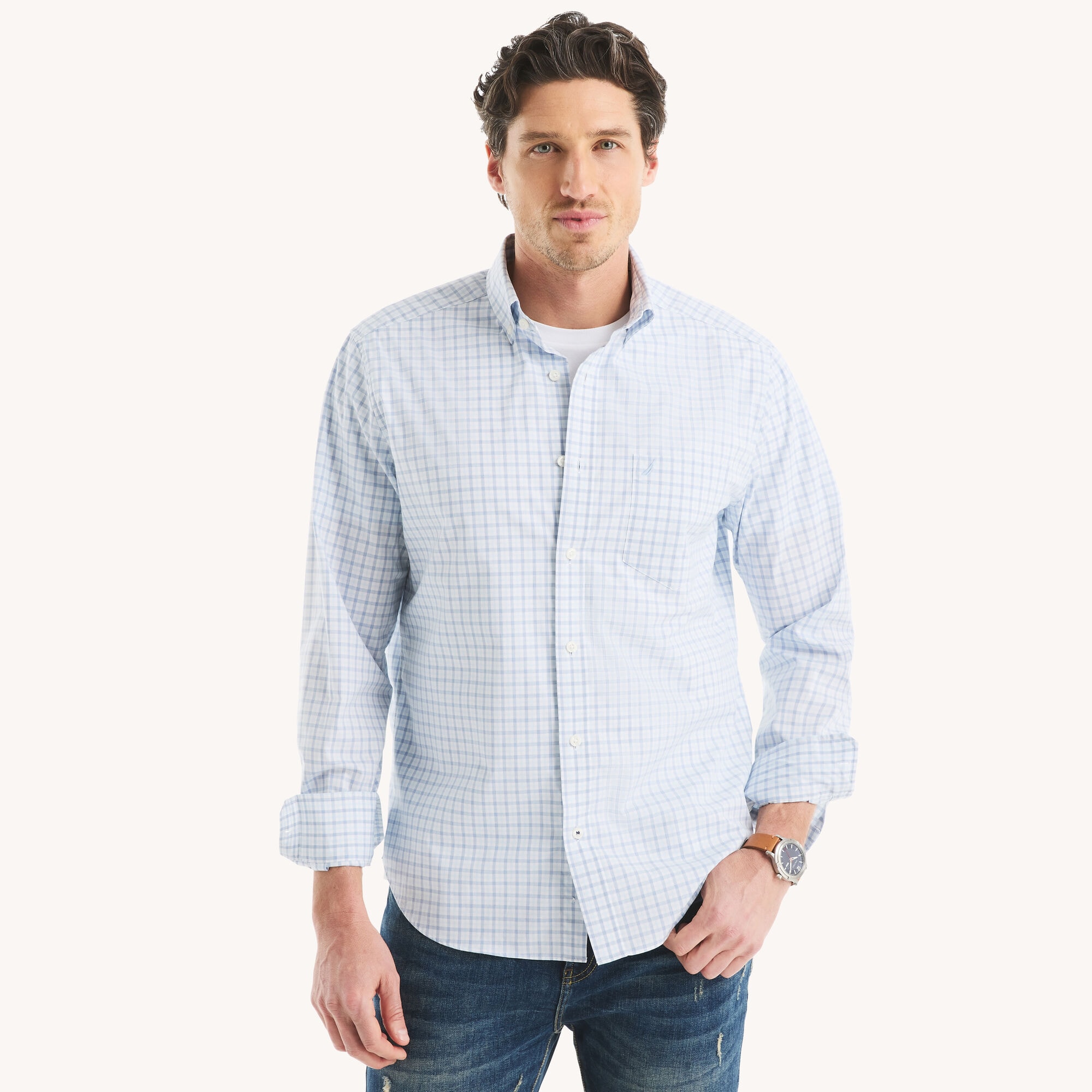 Classic Fit Wrinkle-Resistant Plaid Shirt,Bright White,large