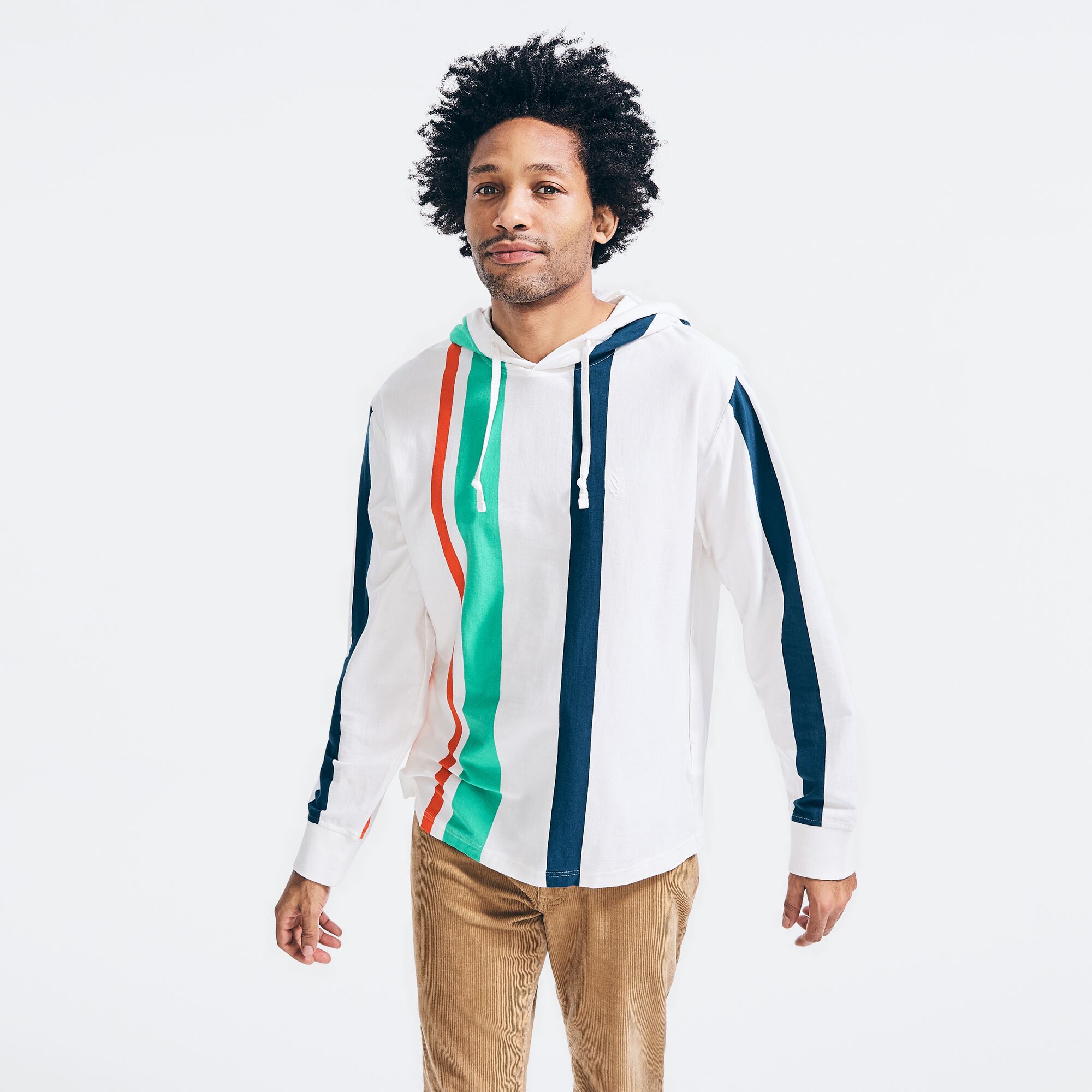 STRIPED LONG-SLEEVE T-SHIRT HOODIE,White,large